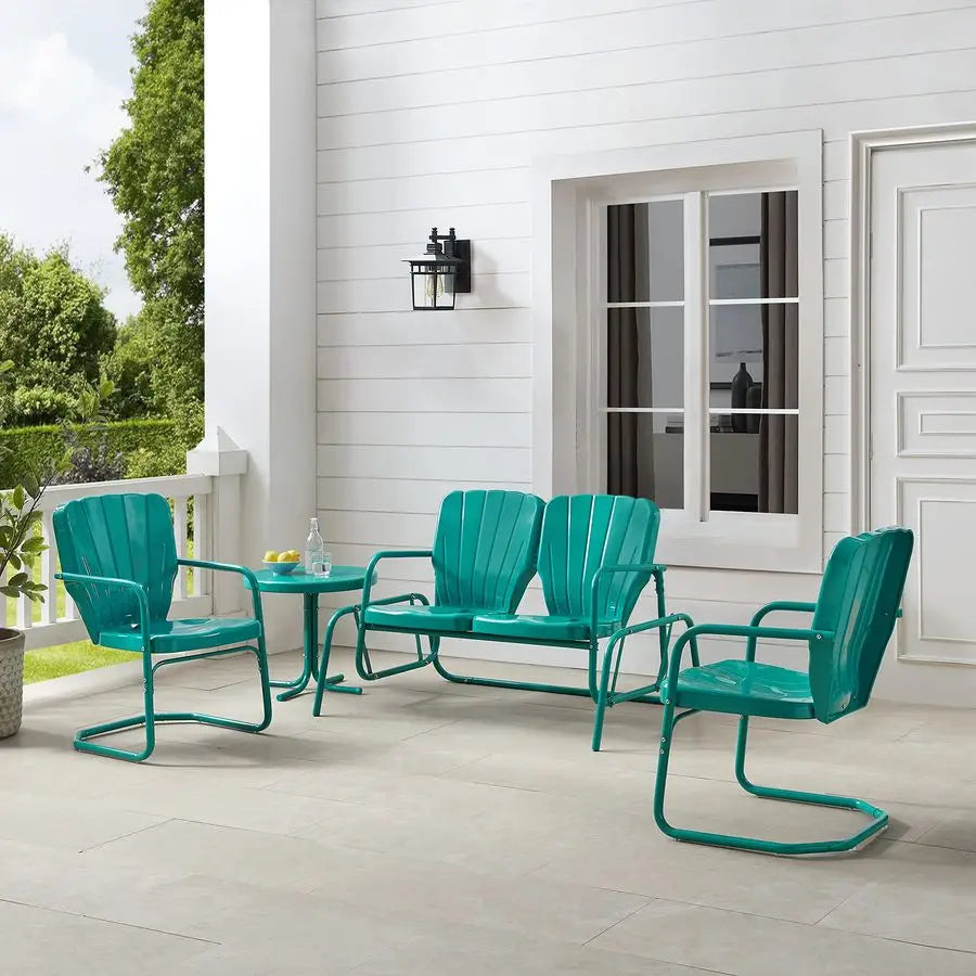 Ridgeland 4Piece Retro Metal Outdoor Loveseat Glider Patio Furniture Set for Porch, Deck, Turquoise Gloss