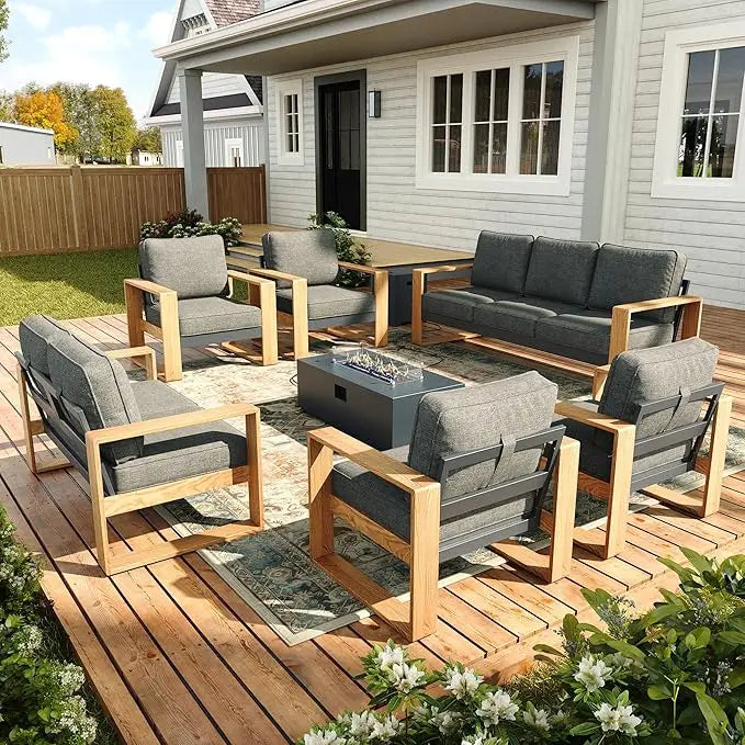 7-Piece Modern Sectional Sofa Set with Fire Pit Table, Wide Seat and Thick Cushions