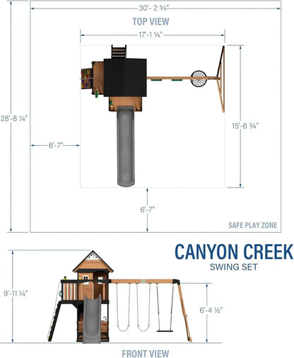 Cedar Swing Set with Wave Slide, Clubhouse, Play Kitchen, Picnic Area, Belt Swings, Web Swing, Rock Wall,