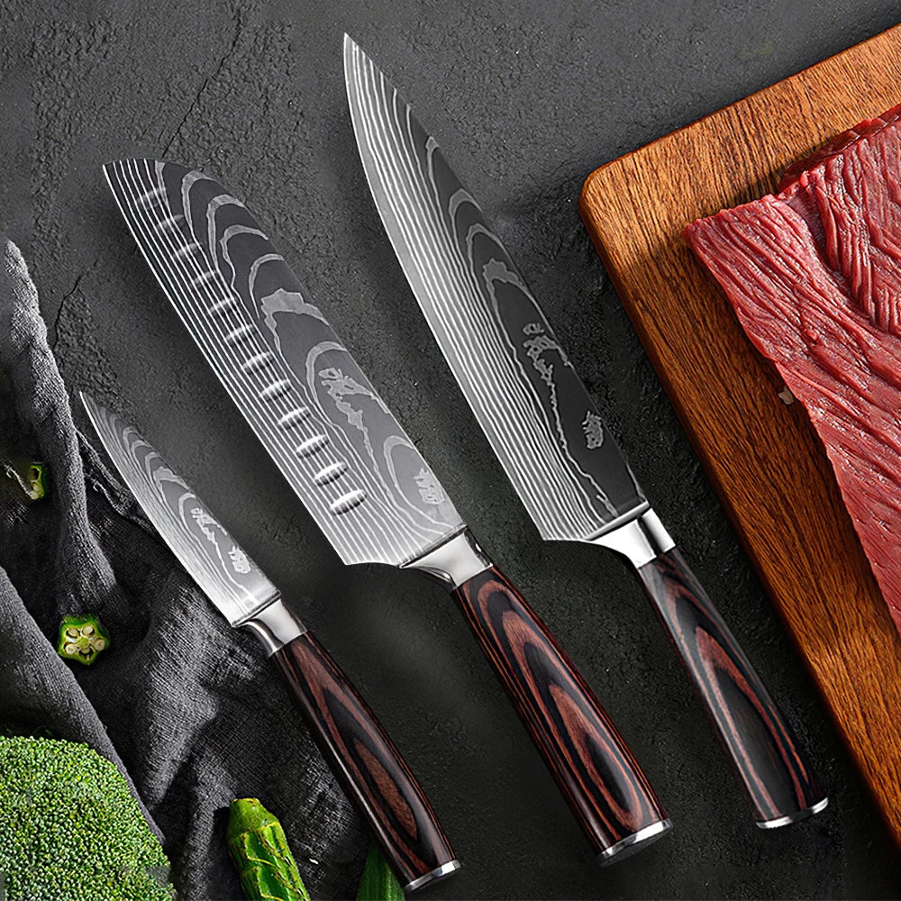 3 Piece Damascus Pattern Knife Set