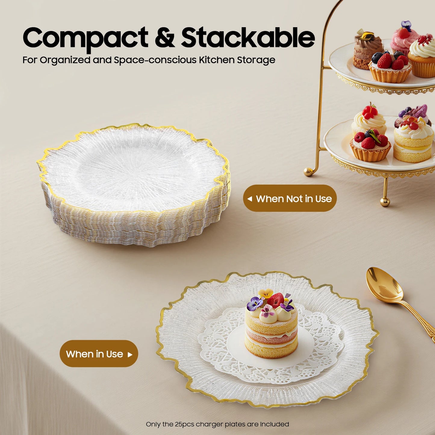 25pcs Disposable Gold Flower Shape Edged Plastic Plates