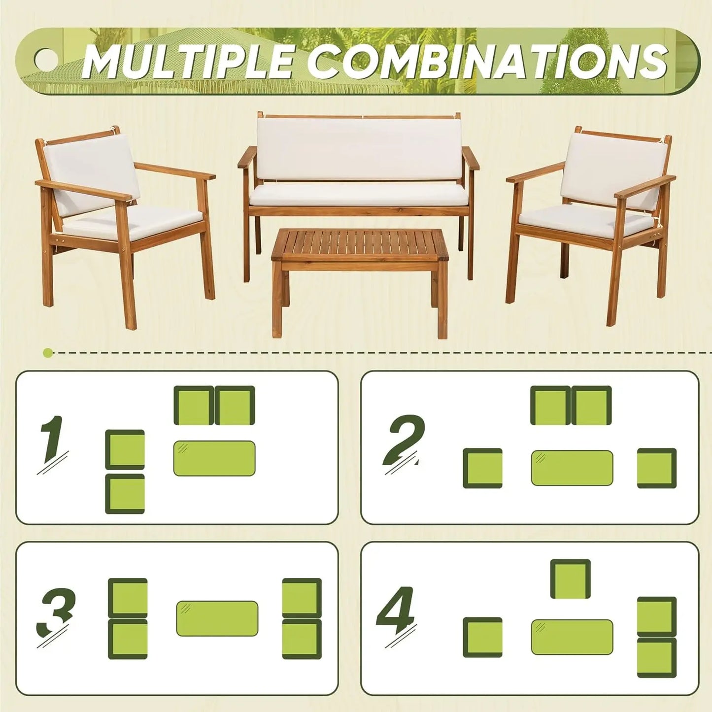 Patio Chairs 3 or 4 Piece Acacia Wood Patio Furniture with Coffee Table & Cushions