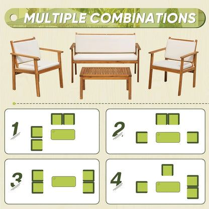 Patio Chairs 3 or 4 Piece Acacia Wood Patio Furniture with Coffee Table & Cushions