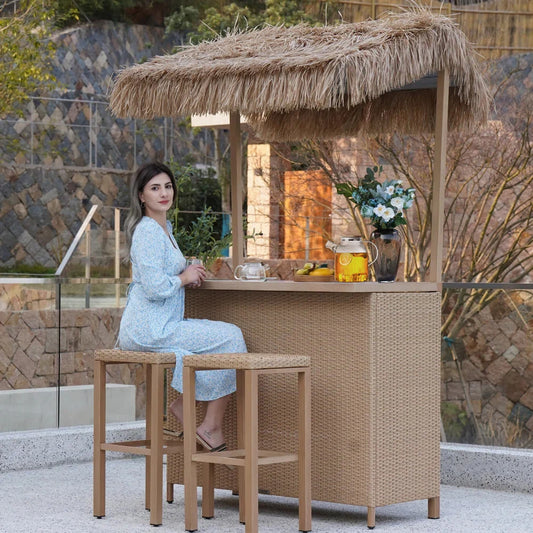 Outdoor Tiki Bar Set with 2 Stools and Ceramic Top