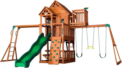 Cedar Swing Set with Wave Slide, Raised Clubhouse, Crow's Nest, Monkey Bars, Balcony, Belt Swings, Trapeze, Rock