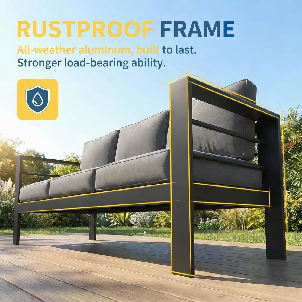 Gray Oversized Metal Patio Set with Deep Seating and Armrests, All-Weather Outdoor Cushion Set