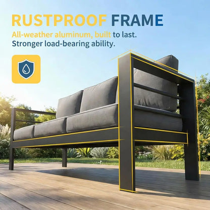 Gray Oversized Metal Patio Set with Deep Seating and Armrests, All-Weather Outdoor Cushion Set