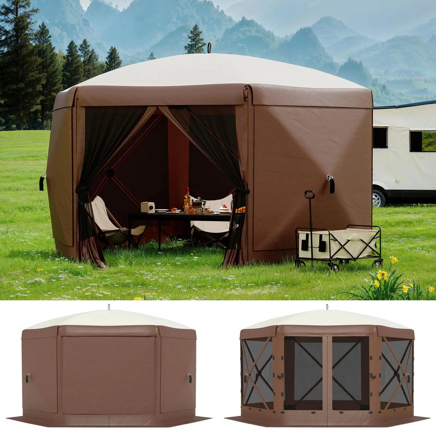 6-Sided Canopy With Mosquito Netting Removable Wind Cloths 13FT