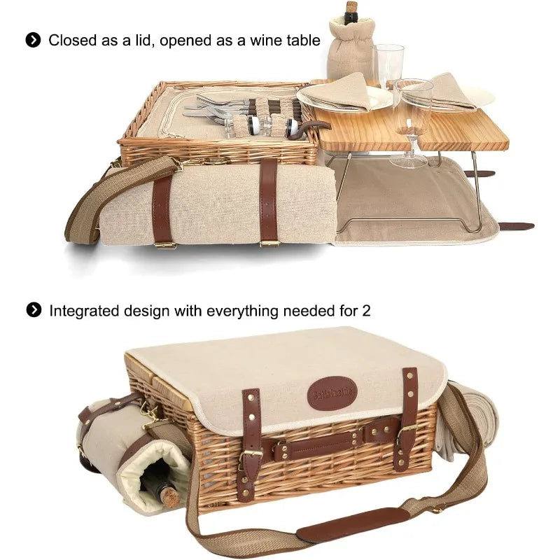 Wicker Picnic Basket Set with Blanket and Table, Insulated