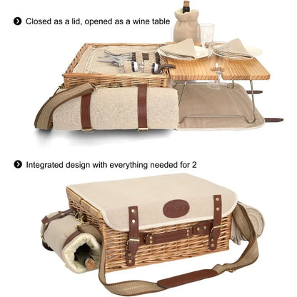 Wicker Picnic Basket Set with Blanket and Table, Insulated