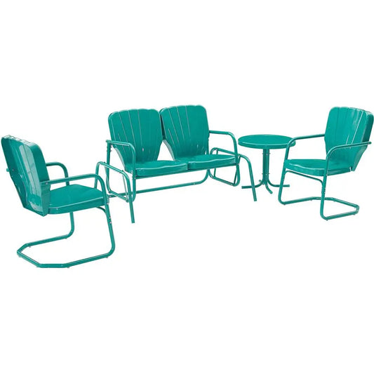 Ridgeland 4Piece Retro Metal Outdoor Loveseat Glider Patio Furniture Set for Porch, Deck, Turquoise Gloss