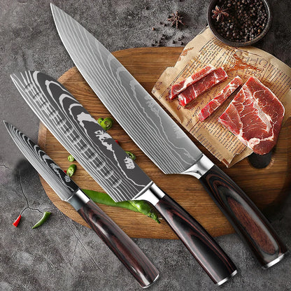 3 Piece Damascus Pattern Knife Set