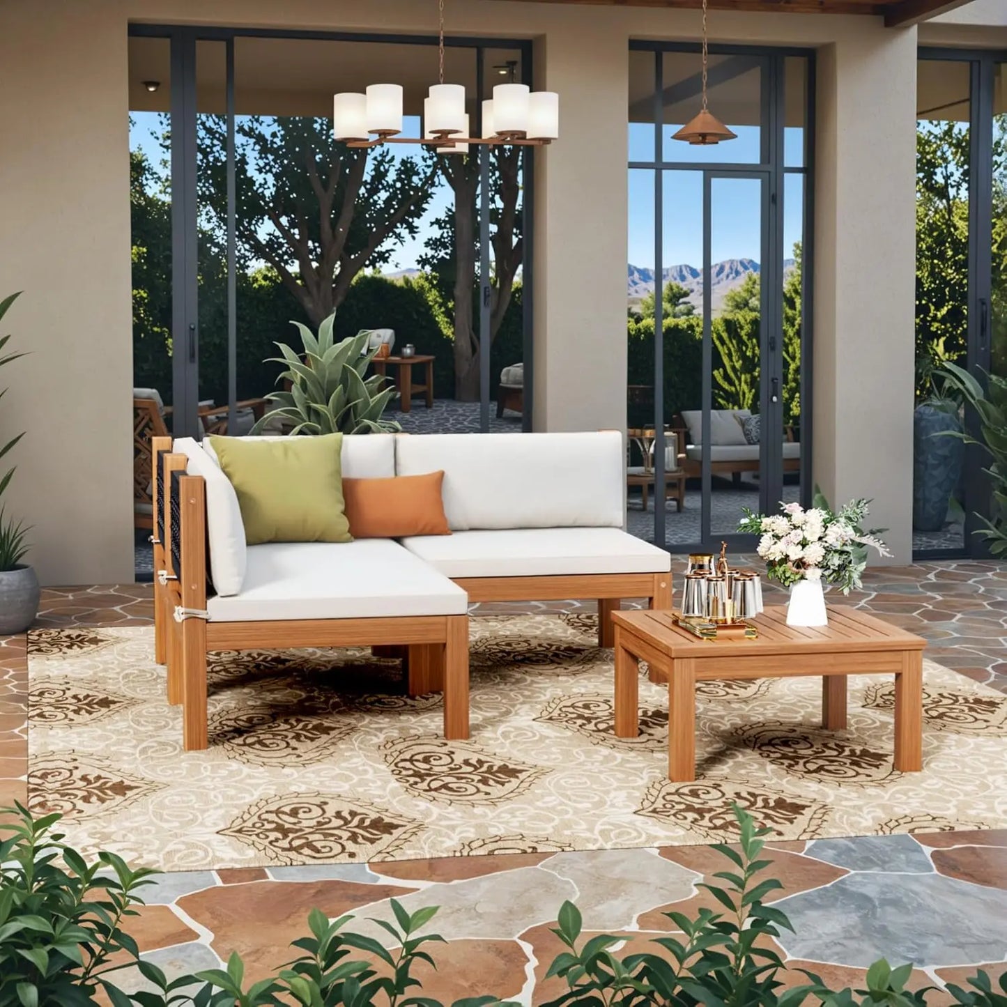 4 Pieces Acacia Wood Patio Sectional Sofa with Coffee Table
