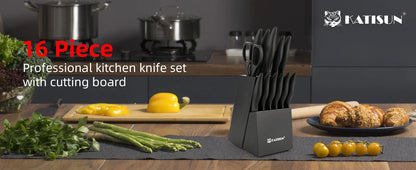 16 Pieces Carbon Steel Knife Set with Cutting Board