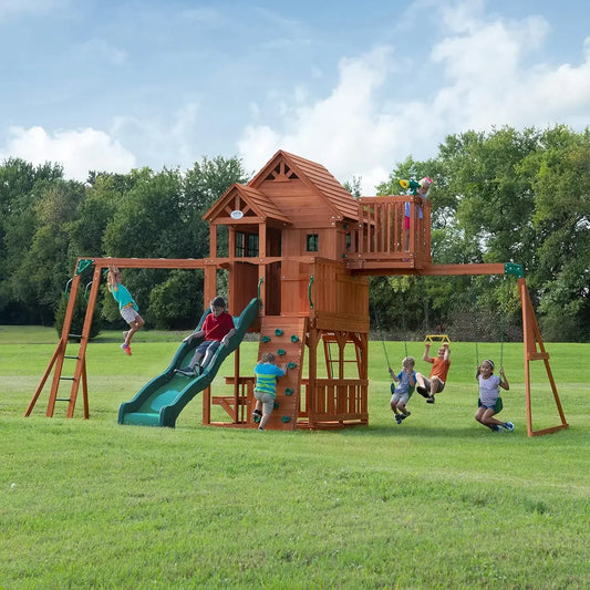 Cedar Swing Set with Wave Slide, Raised Clubhouse, Crow's Nest, Monkey Bars, Balcony, Belt Swings, Trapeze, Rock
