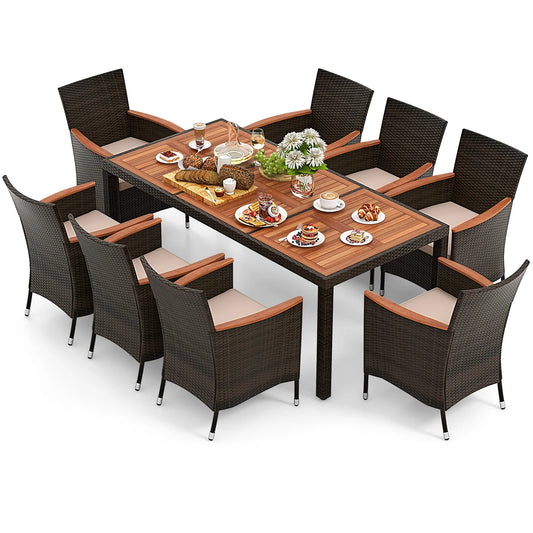 9PCS Wicker Patio Dining Set Acacia Wood Table Cushions Chairs