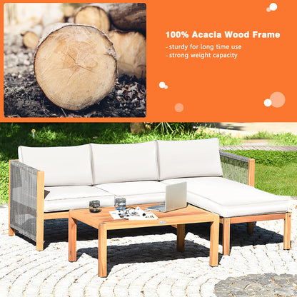 3PCS Patio Acacia Wood Sofa Set with Thick 
Cushions