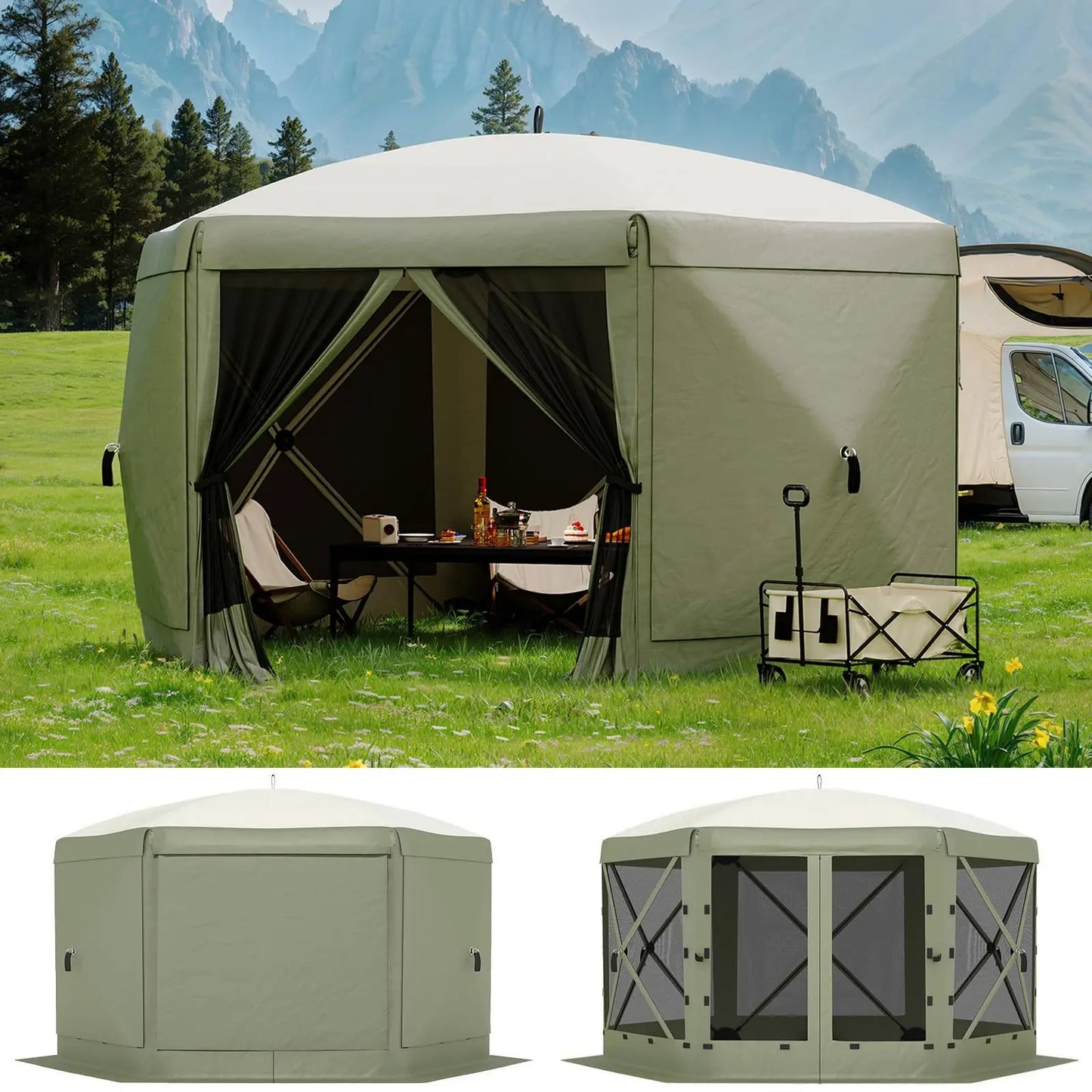 6-Sided Canopy With Mosquito Netting Removable Wind Cloths 13FT