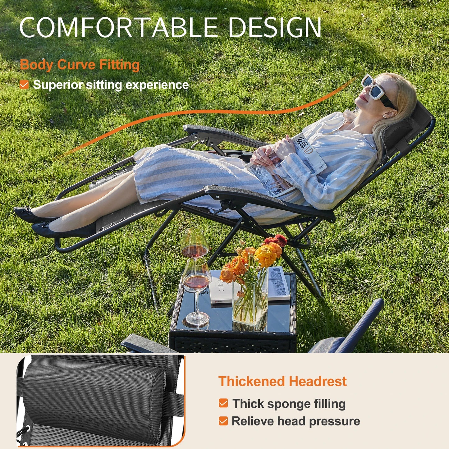 Set of 2 Zero Gravity Portable Recliner Chair with Cup Holder Trays Adjustable Pillow