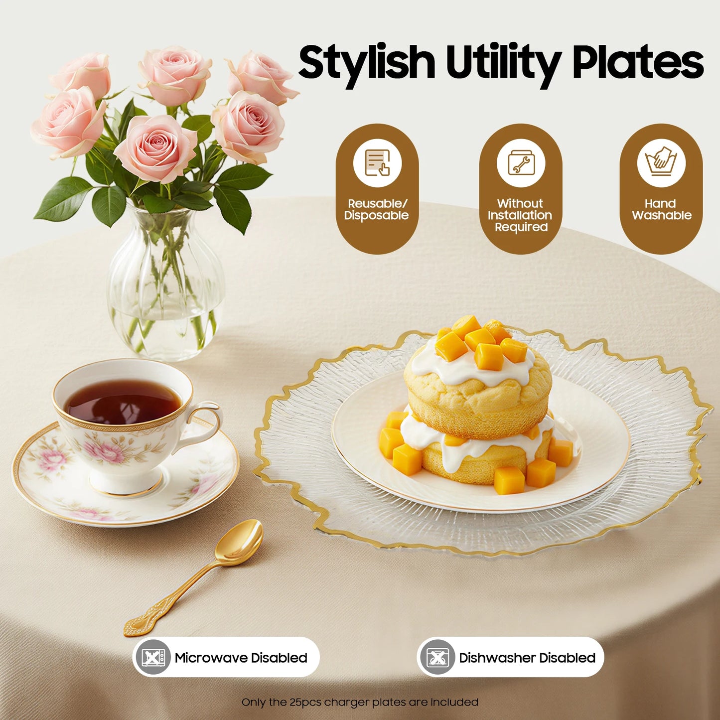25pcs Disposable Gold Flower Shape Edged Plastic Plates