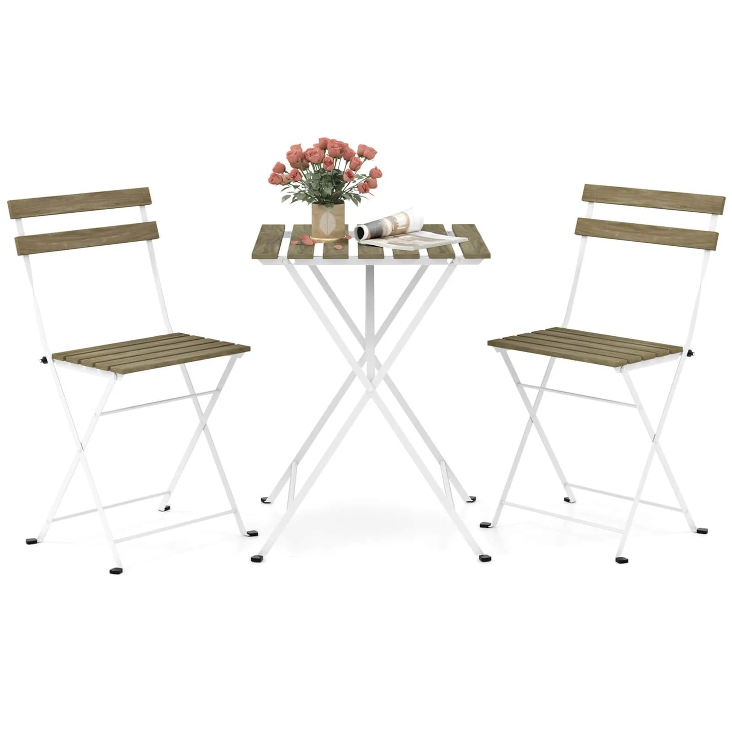 Patio Acacia Wood Bistro Set Table w/ 2 Folding Chairs