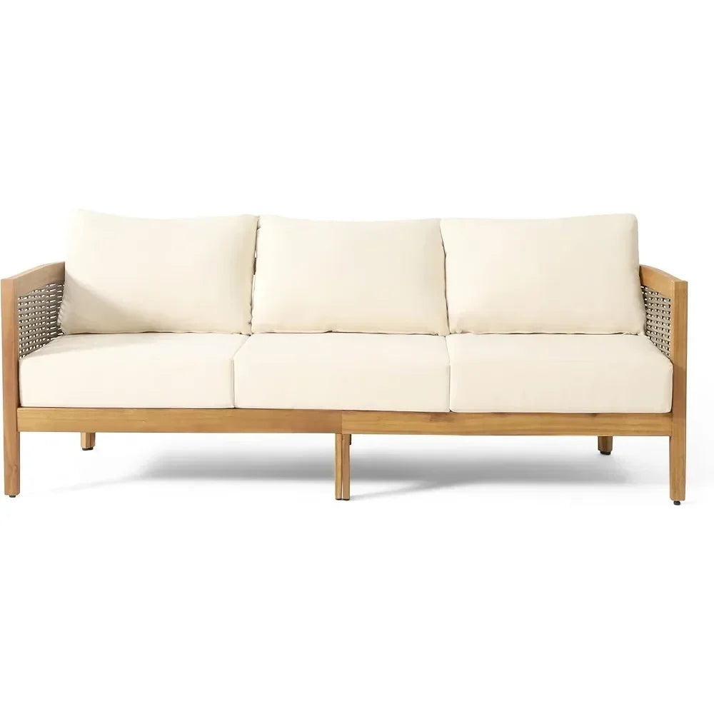 Outdoor Acacia Wood Wicker 3 Seater Sofa, Patio Furniture Conversation Set for Backyard
