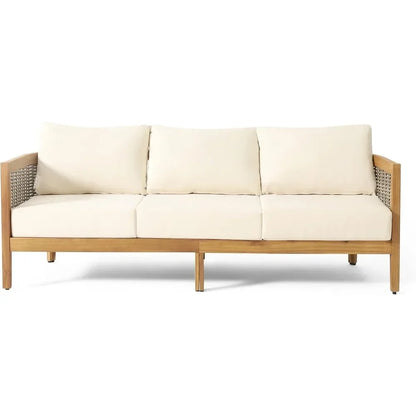 Outdoor Acacia Wood Wicker 3 Seater Sofa, Patio Furniture Conversation Set for Backyard