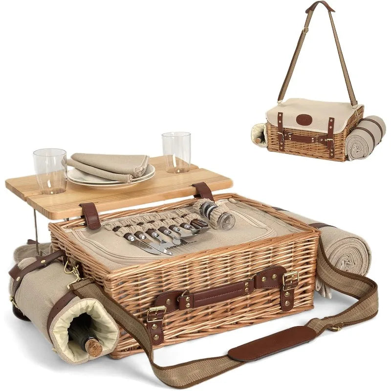 Wicker Picnic Basket Set with Blanket and Table, Insulated