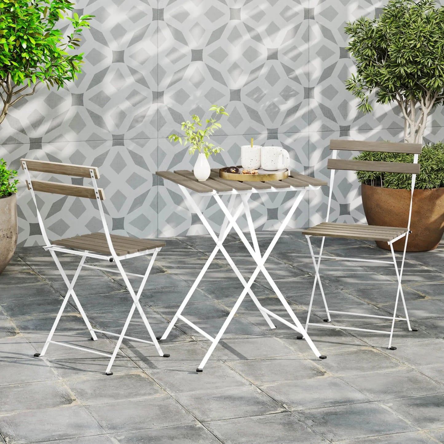 Patio Acacia Wood Bistro Set Table w/ 2 Folding Chairs