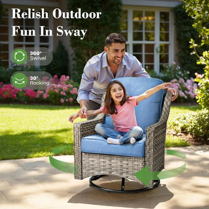 5 Piece Rattan Wicker Patio Furniture w/ 3 Seat Sofa, and Swivel Rocking Chair