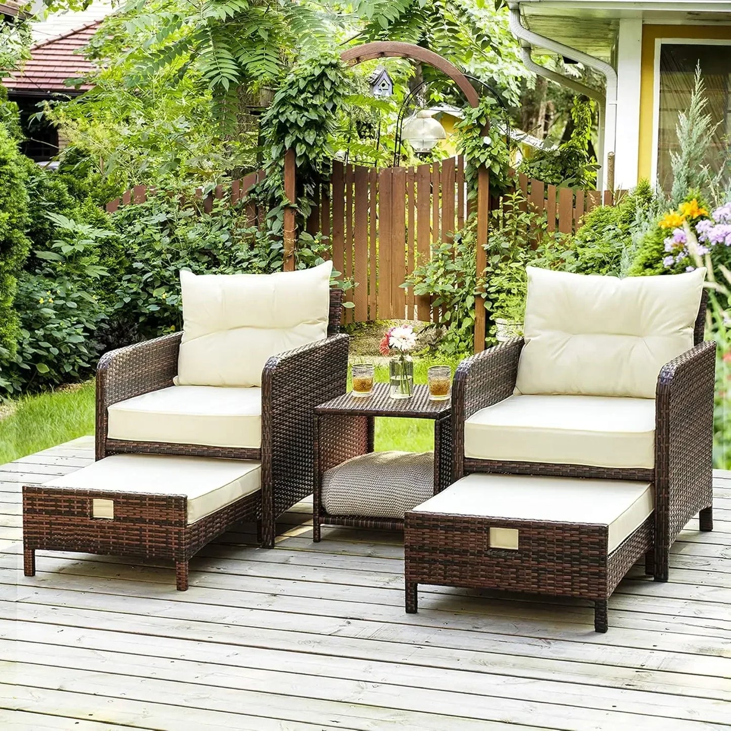 5 Piece Wicker Patio Set with Ottomans and Table
