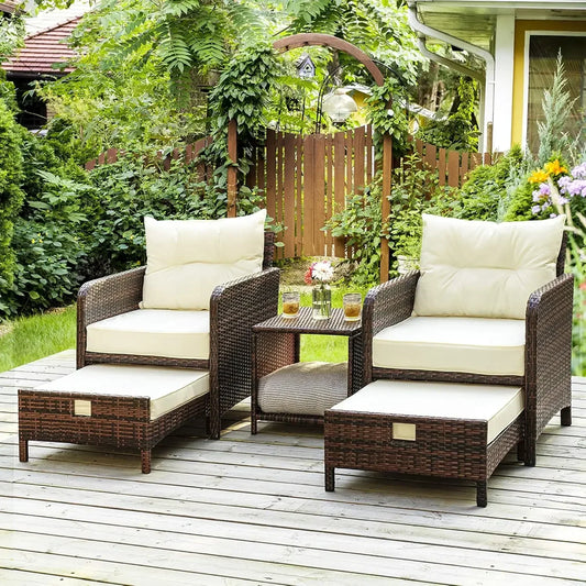 5 Piece Wicker Patio Set with Ottomans and Table