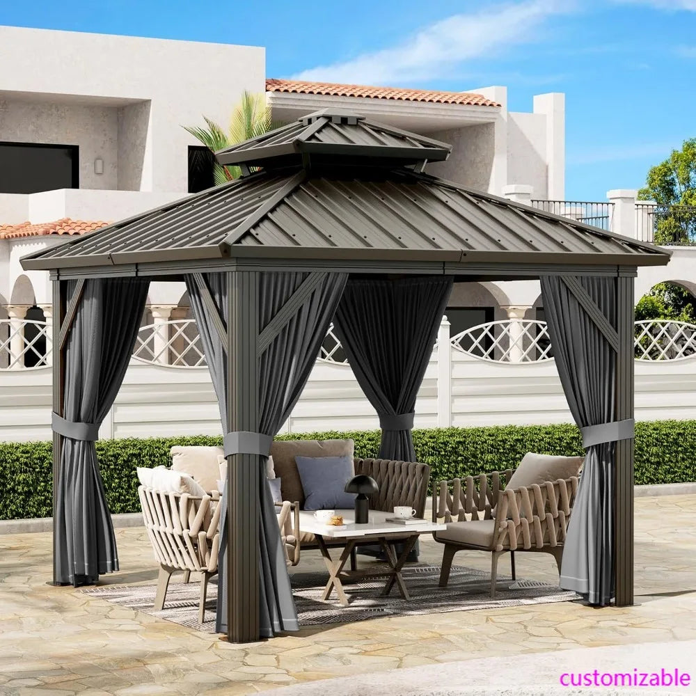 10x10 FT Heavy Duty Aluminum Hardtop Gazebo with Curtains & Netting(Gray)