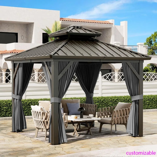 10x10 FT Heavy Duty Aluminum Hardtop Gazebo with Curtains & Netting(Gray)