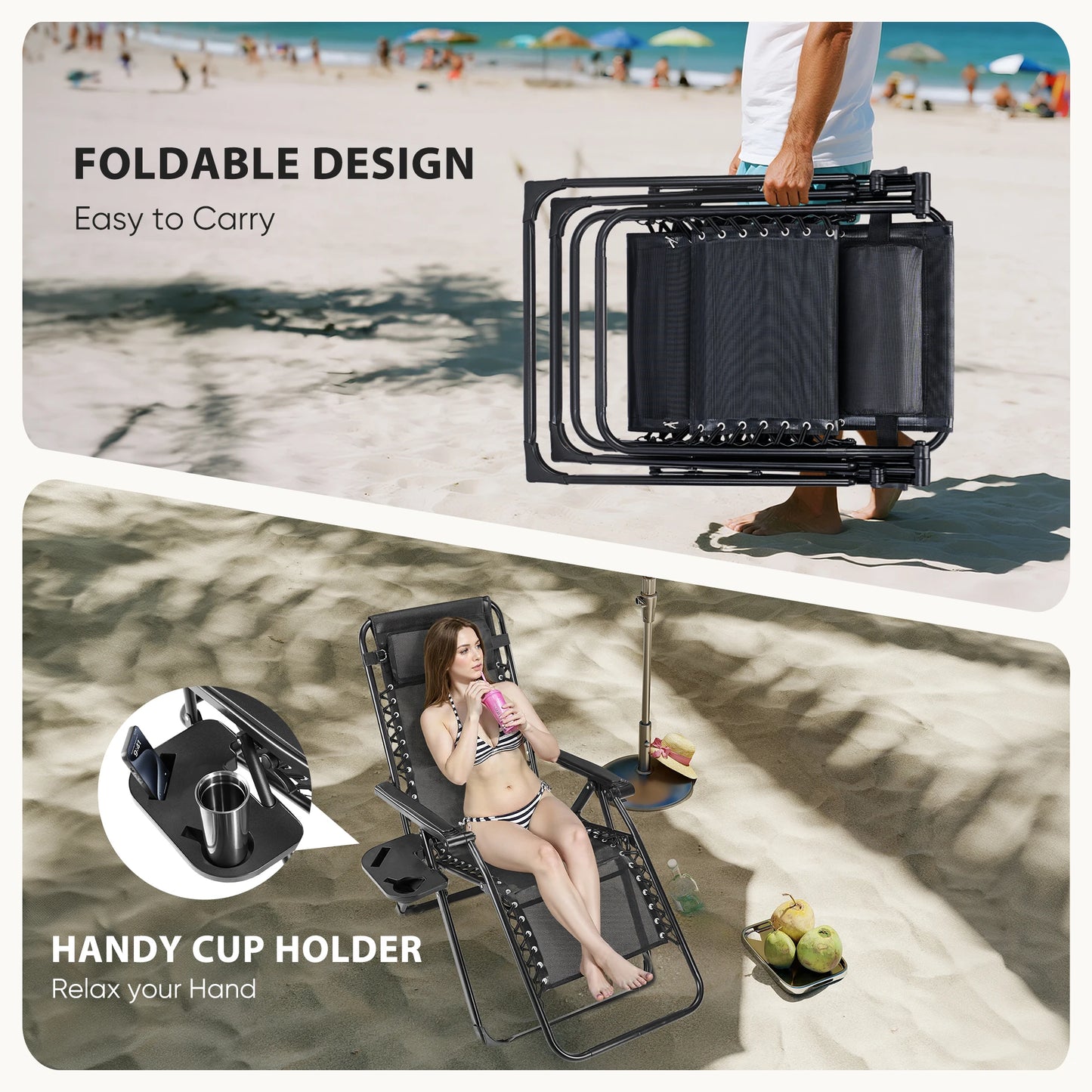 Set of 2 Zero Gravity Portable Recliner Chair with Cup Holder Trays Adjustable Pillow