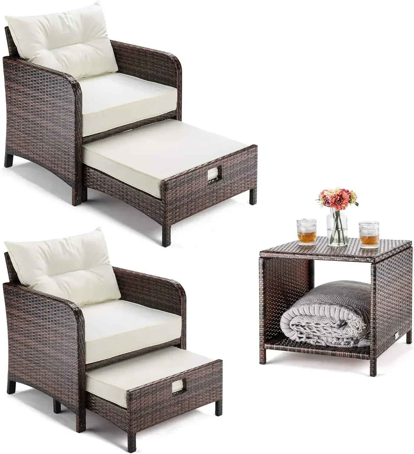 5 Piece Wicker Patio Set with Ottomans and Table