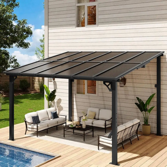 10ft x 12ft Outdoor Pavilion with Sloping Roof and Heavy-Duty Wall-Mounted Canopies for Backyard Decks and Patios