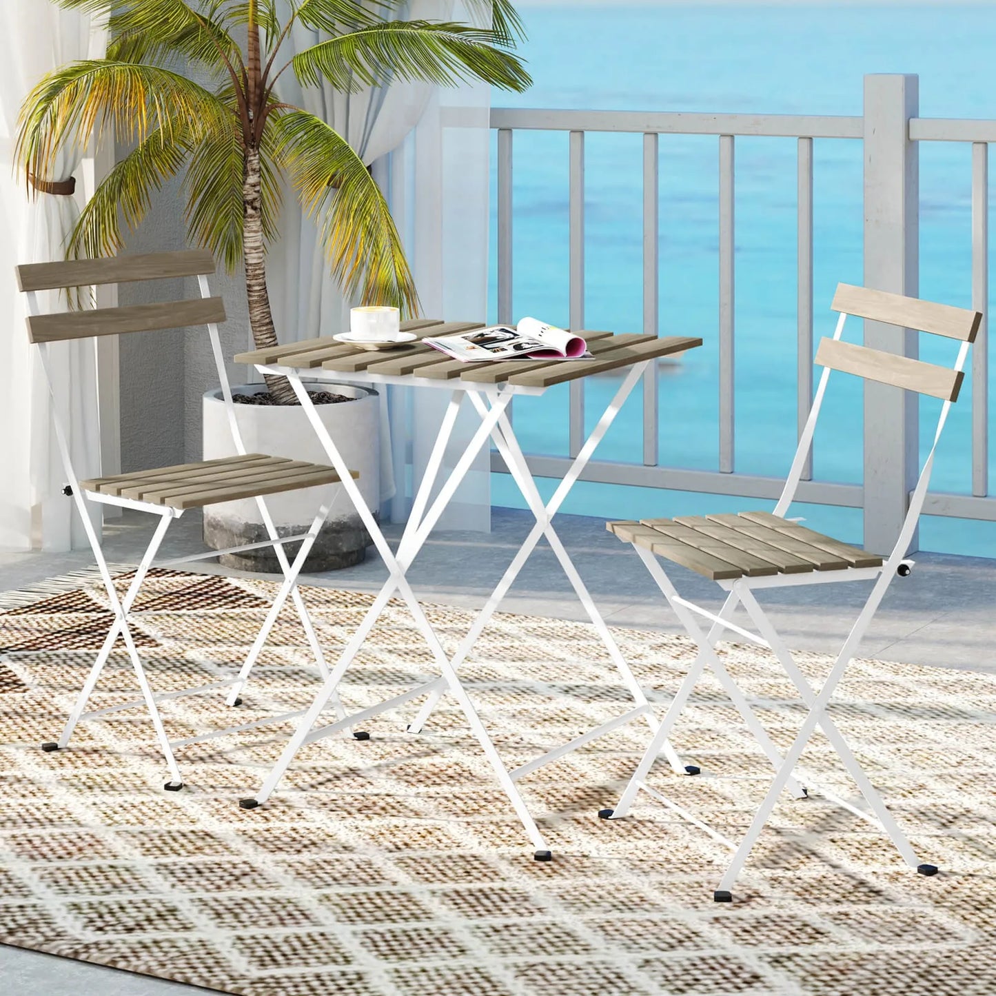 Patio Acacia Wood Bistro Set Table w/ 2 Folding Chairs