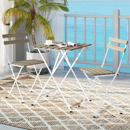 Patio Acacia Wood Bistro Set Table w/ 2 Folding Chairs