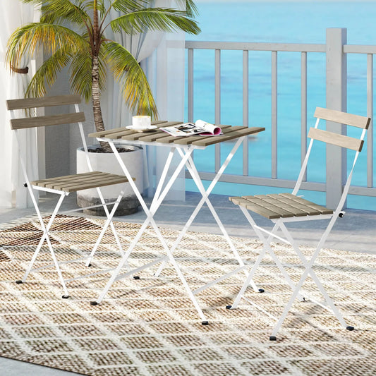 Patio Acacia Wood Bistro Set Table w/ 2 Folding Chairs