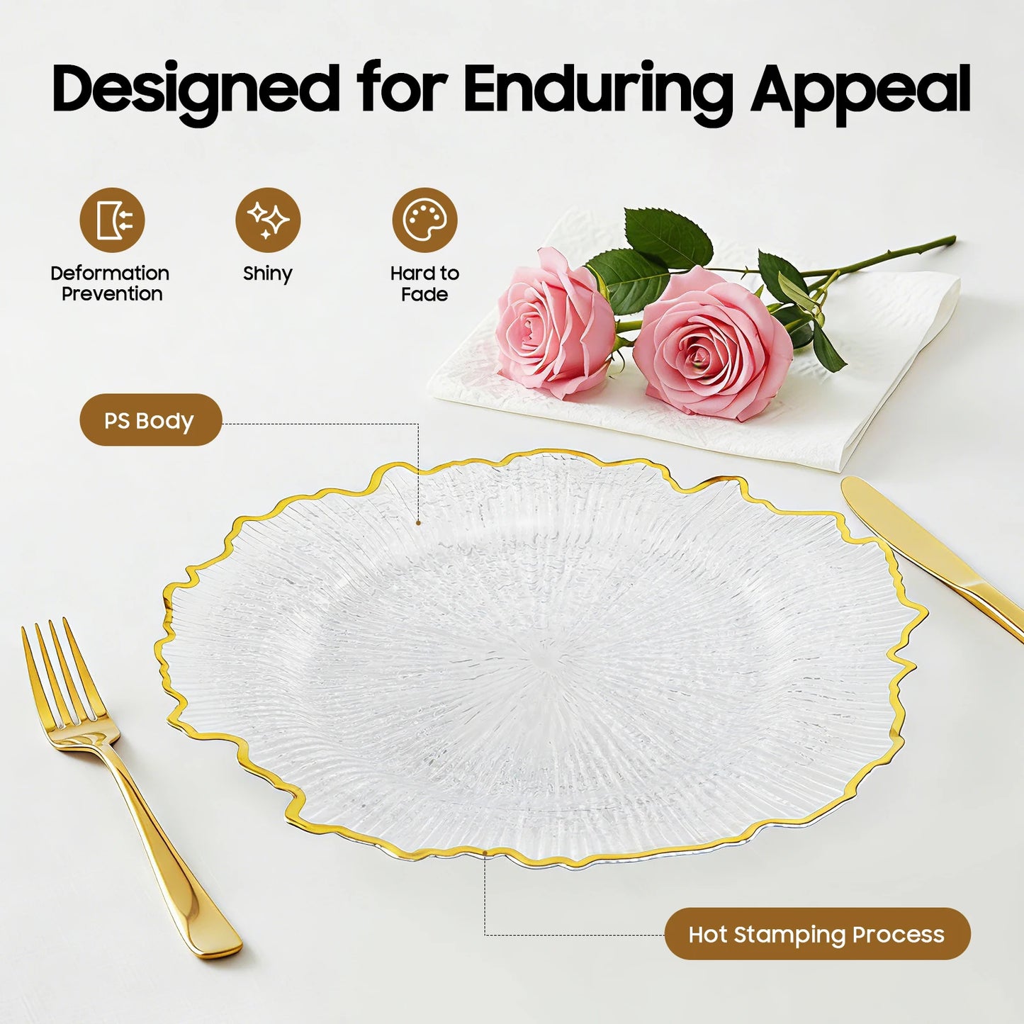25pcs Disposable Gold Flower Shape Edged Plastic Plates