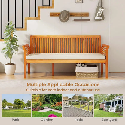 Wooden Outdoor Bench with White Cushion, Curved Armrest, and Slatted Back