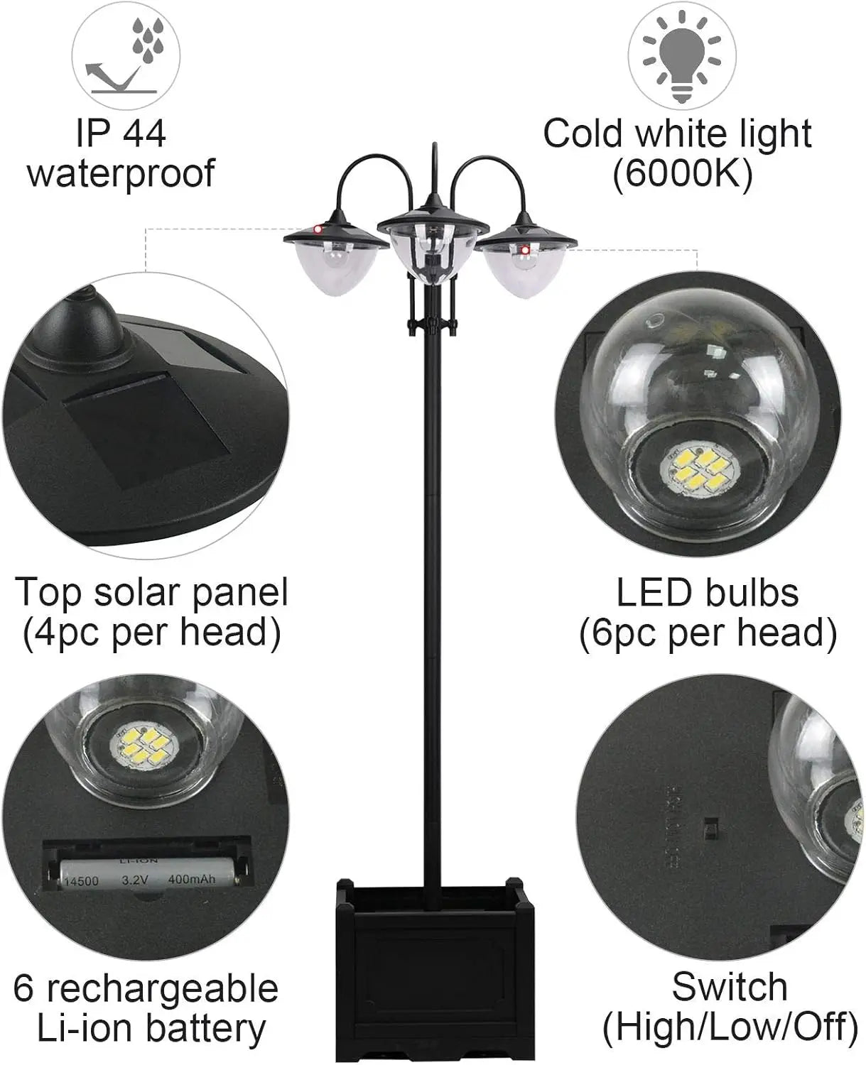 Solar LED Lamp Post Street Light with Planter, Automatic