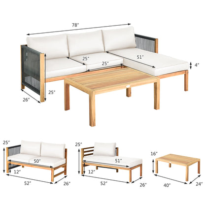3PCS Patio Acacia Wood Sofa Set with Thick 
Cushions