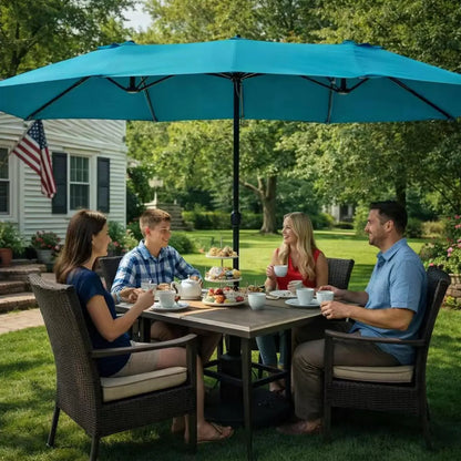 15ft Double-Sided Rectangular Patio Umbrella with Crank Lift, UV Protection, and Base Included for Backyard, Pool & Garden