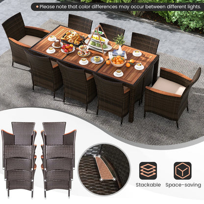9PCS Wicker Patio Dining Set Acacia Wood Table Cushions Chairs