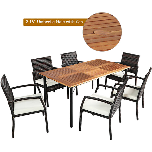 Patio Rattan Dining Set 6 Chairs Wooden Table Top