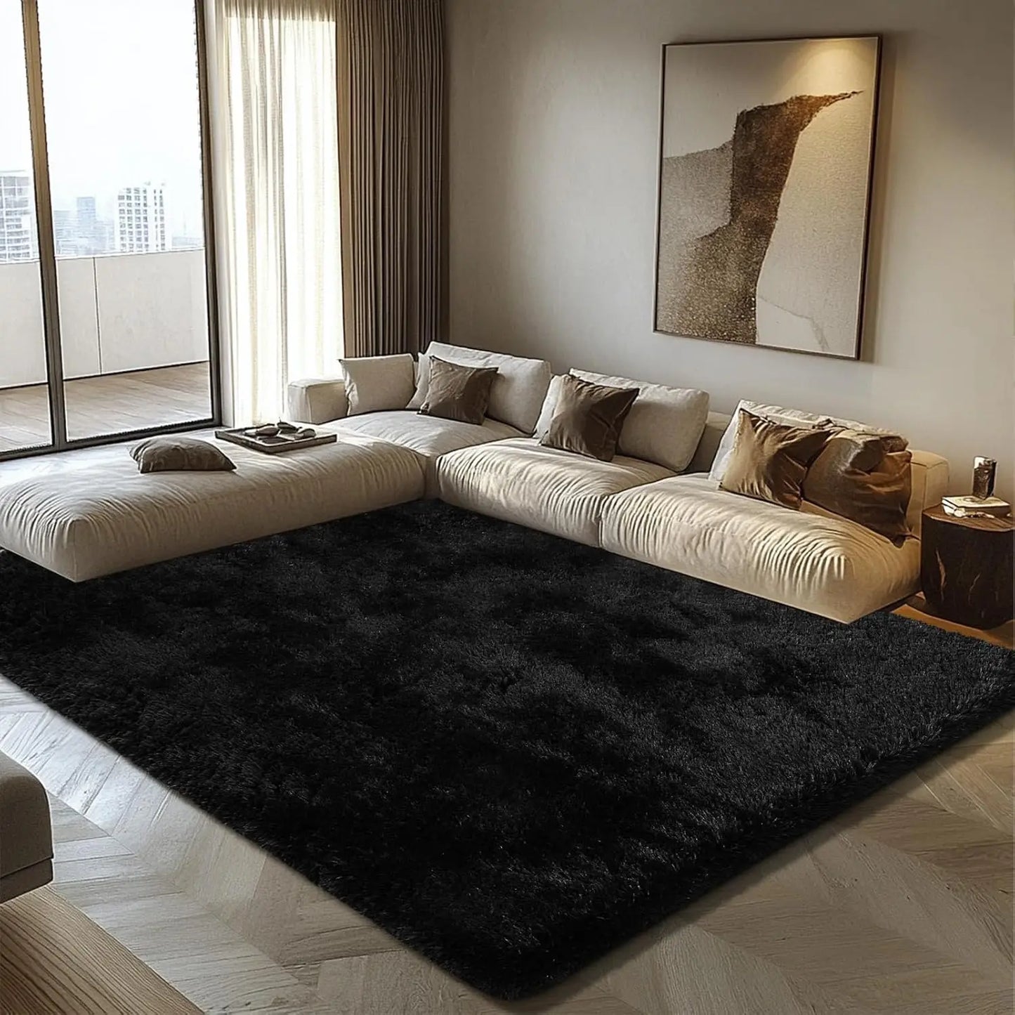 Soft Fluffy Black Shag Rug for Living Room and Bedroom