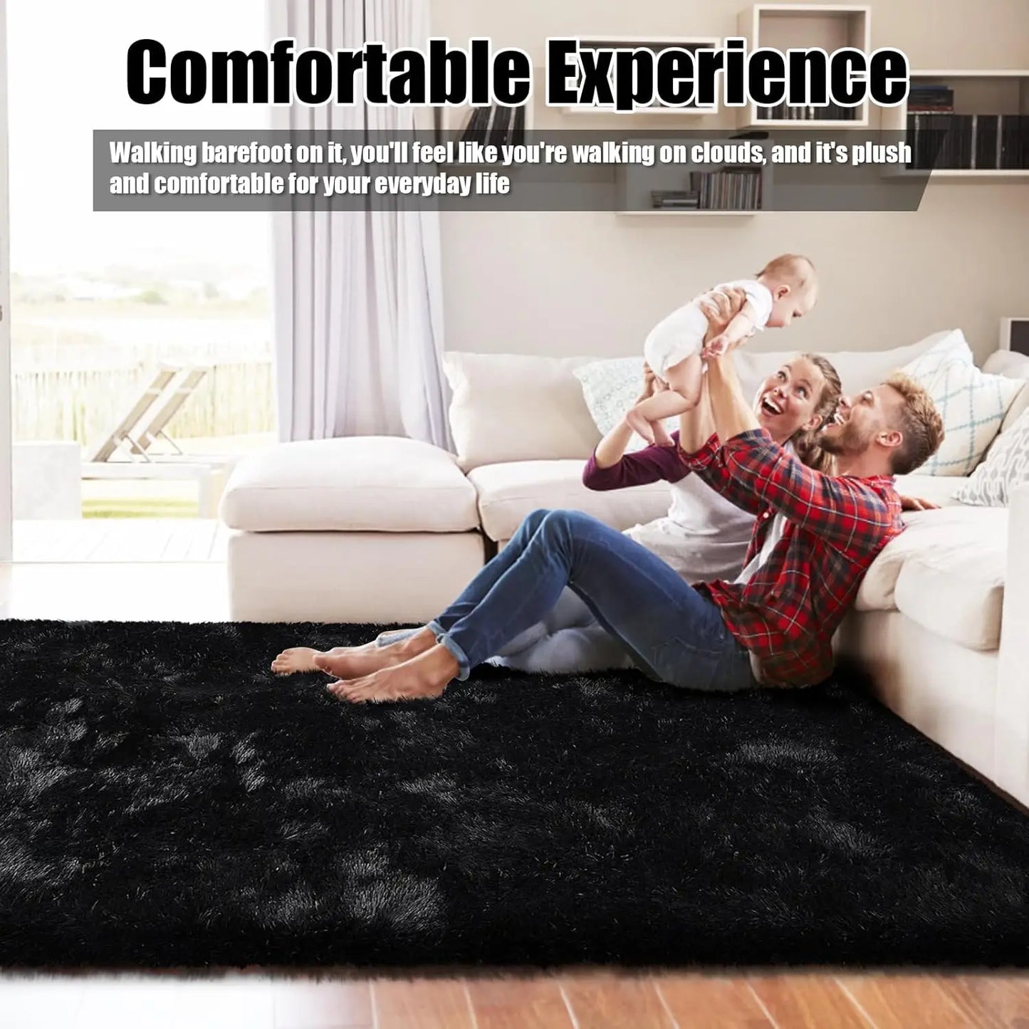 Soft Fluffy Black Shag Rug for Living Room and Bedroom