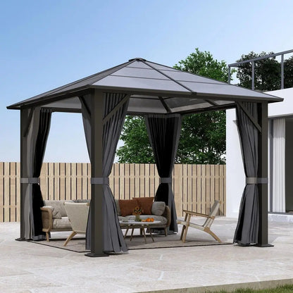 10x10 Gazebo with Polyethylene Roof and Steel Frame, with Grey Curtain and Netting